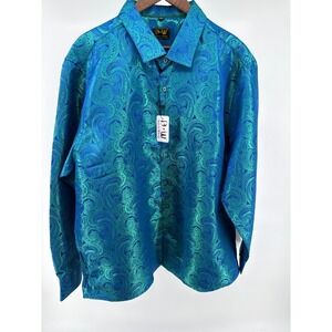 Barry Wang Mens Silk Paisley Button Down Shirt Long Sleeve Blue Green XXL